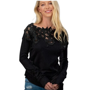 Black Soft Buttery Sweater with Lace on Boat Neckline Long Sleeves